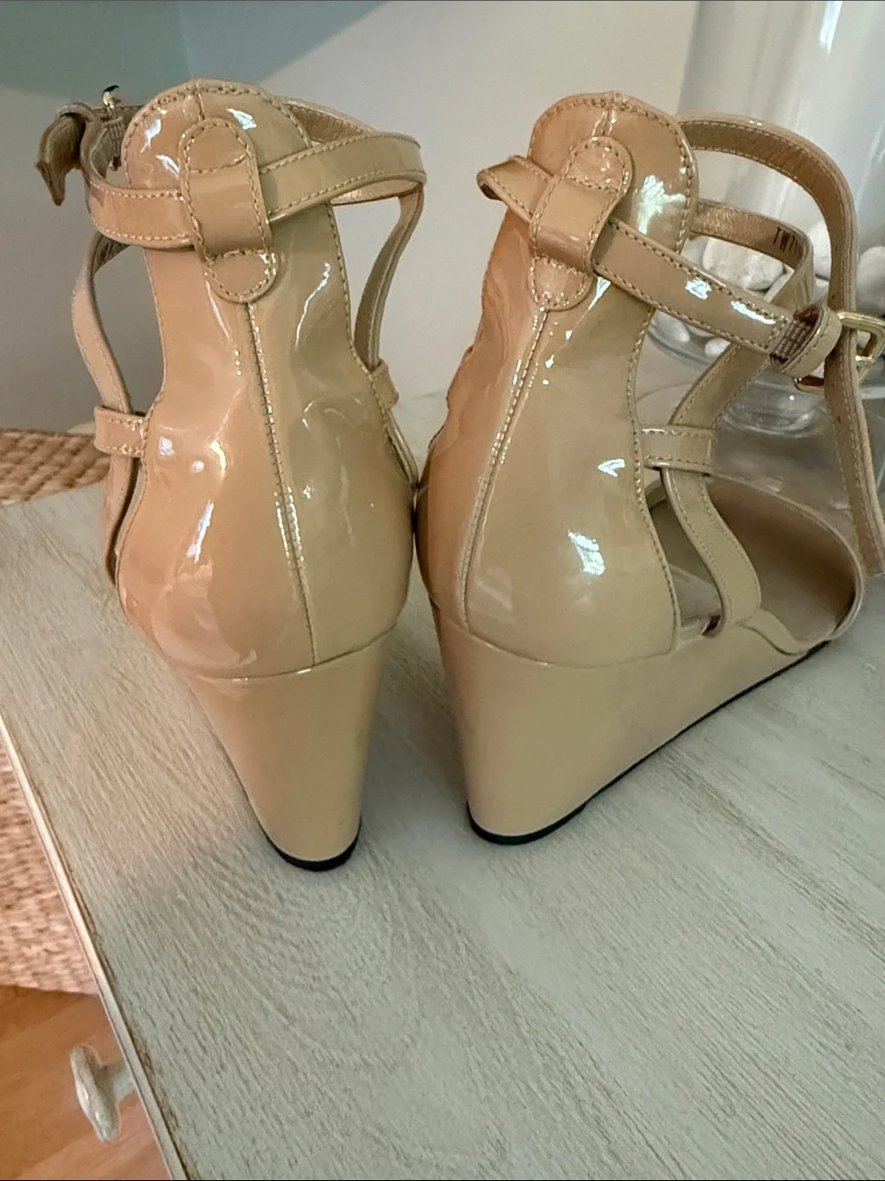 Stuart Weitzman Patent Leather Nude/Tan Ankle-Strap Wedge Sandals